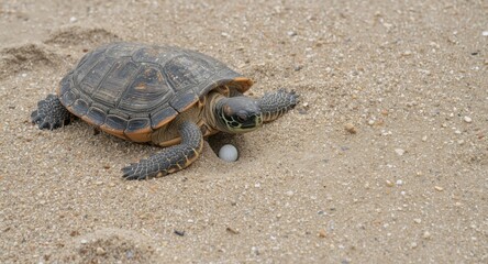 Chelonia mydas female turtle hiding eggs in beach sand with copy space