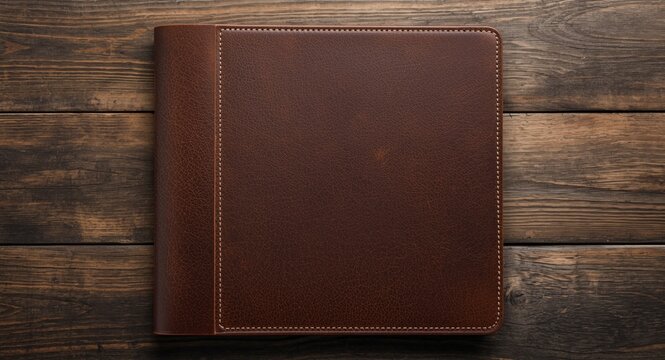Elegant classic brown leather menu cover showcasing blank area for branding on rustic plank surface
