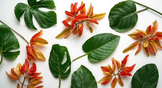 Bold and colorful Coccinia grandis foliage arranged artistically on a smooth white background for botanical styling