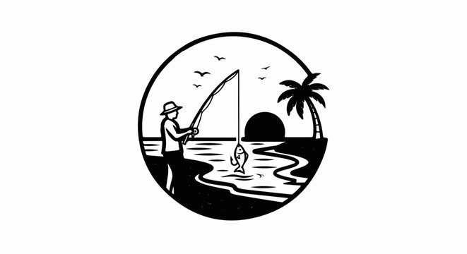 Silhouette of angler on beach with caught fish, palm tree, sunset