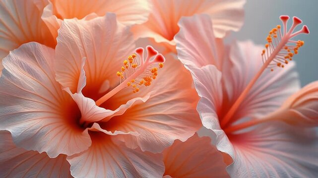 Close-up of peach-colored hibiscus flowers against a gray background, showcasing their detailed petals and stamens for a floral design or greeting card