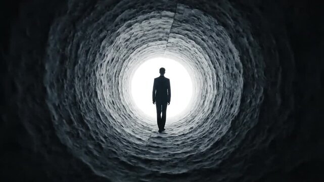 Man in dark tunnel light.