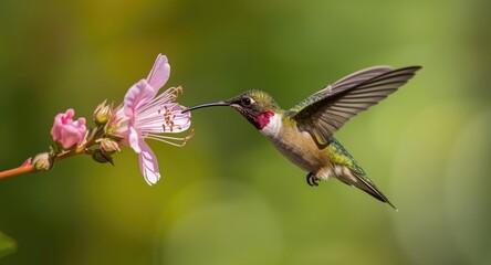 Fototapeta premium Energetic hummingbird fluttering near fragrant blossom to sip nectar