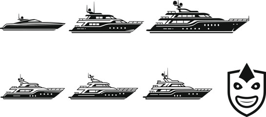 Elegant collection of luxury yacht vector illustrations in black and white, showcasing diverse boat designs with unique emblem logo, perfect for maritime branding and nautical themes © MDMizanur
