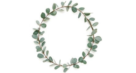 Obraz premium Botanical oval wreath featuring eucalyptus leaves on a stark white flat background