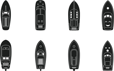 Top‑down black and white vector illustrations of diverse boats with unique deck layouts and playful design elements, perfect for nautical graphics, transport studies, and maritime projects © MDMizanur