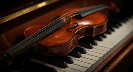 Fototapeta premium Close up composition of a violin resting on the pristine keys of a piano