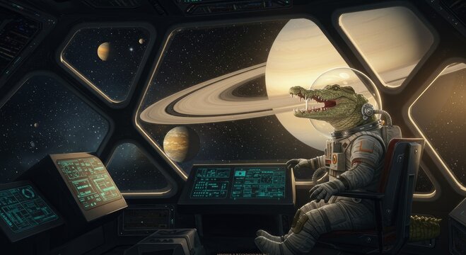 Cosmic Gator's Journey: A daring gator astronaut navigates the cosmos from the cockpit of a spacecraft, captivated by the rings of Saturn and the allure of space exploration.