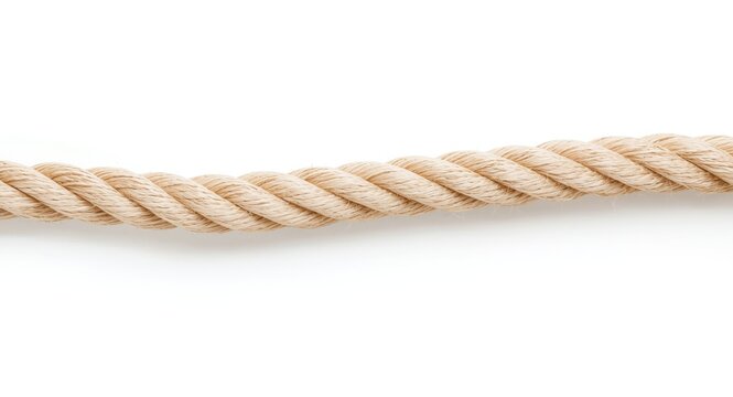 Coiled nylon rope in brown and white hues on clean white backdrop with copy space