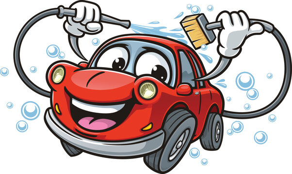 Car wash cartoon mascot washing himself