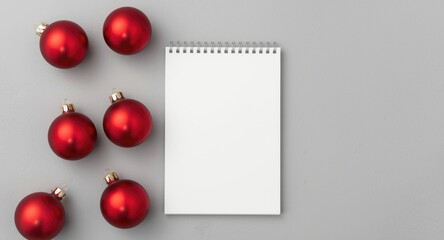 Blank white notepad for holiday wish list alongside red Christmas ornaments on a gray backdrop featuring copy space