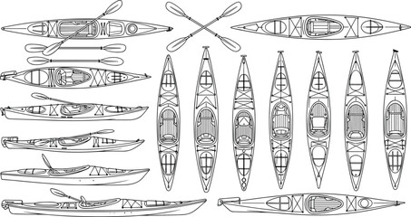 Vector line art illustration set of sea kayak icons with paddles and touring boats top and side view isolated on white background for design © MDMizanur