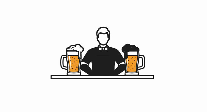 Silhouette of a server with two frothy beer mugs on a counter
