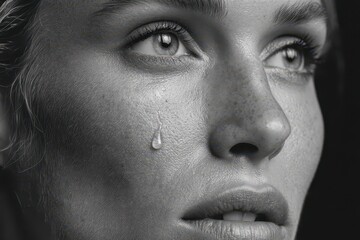 Fototapeta premium Close-up of a woman's face with a single tear, expressing sadness, grief, in monochrome, revealing raw emotion and vulnerability, captured with detailed focus.