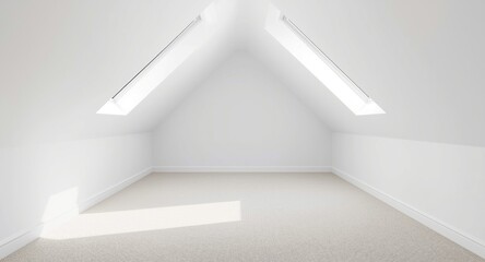 Obraz premium Attic bedroom space with bright white walls and skylight windows paired with a modest bathroom in a double exposure mockup image