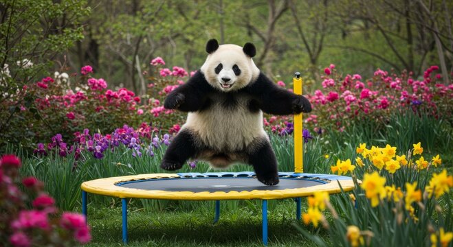 Panda Joy on Trampoline: A delightful giant panda bounces with unrestrained joy on a vibrant trampoline in a picturesque outdoor setting, embracing playful exuberance.