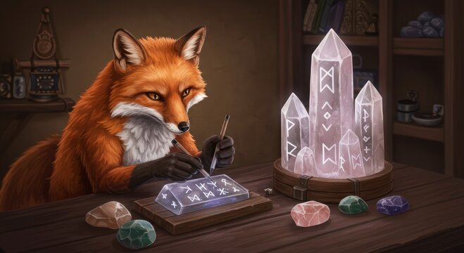 Mystic Fox: A cunning fox, deep in thought, practices ancient runes, surrounded by glowing crystals in a dimly lit, arcane workspace.