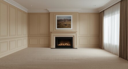 Fototapeta premium Beige empty interior space with fireplace, large photograph, paneled walls, and window covered by curtains