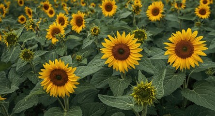 Fototapeta premium Bright sunflowers flourishing in a dense garden full of intricate leaf patterns