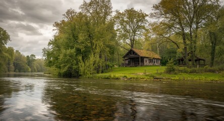 Natural river landscape featuring a riverside house bordered by lush grass and leafy trees beneath a calm overcast sky