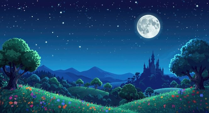 Animated cartoon night backdrop suitable for mobile and PC games