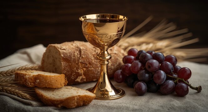 Chalice ready with wine bread grapes and wheat for Holy Communion ceremony