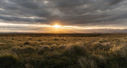 Fototapeta premium A serene rural expanse of grassy plains with warm sun rays shining through cloud layers and mountainous terrain in the distance