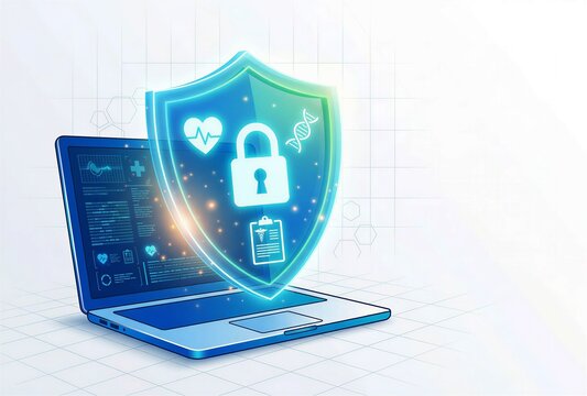 Shield icon with medical symbols hovering over laptop. Digital protection of patient data and medical records. Cybersecurity concept for healthcare and secure hospital information system.
