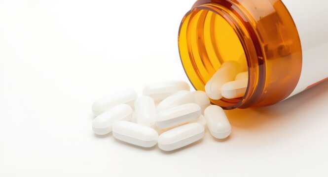 Detailed view of ivermectin pills poured out of bottle with copy space