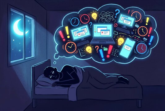 Insomniac man lying in bed thinking about work deadlines and stress at night. Overthinking brain with digital technology and computer tasks. Mental health, anxiety and sleep disorder.
