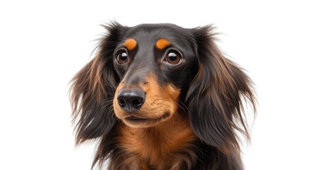 Close up image of a long haired Dachshund dog exhibiting alert expression on white backdrop