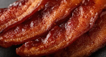 Fototapeta premium Close up perspective on crispy hot fried bacon strips