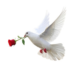 Obraz premium White dove flying with a red rose isolated on transparent background