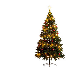 Obraz premium Christmas tree isolated on transparent background with colorful lights and star on top
