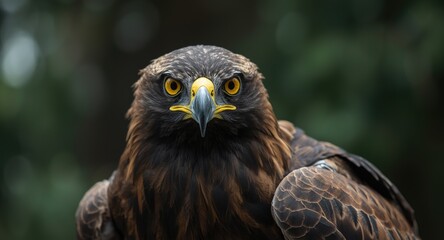 A fierce raptor with sharp yellow eyes perched in a forest