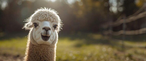 Fototapeta premium Cheerful young llama presenting thick fur and copy space in sunny outdoor backdrop