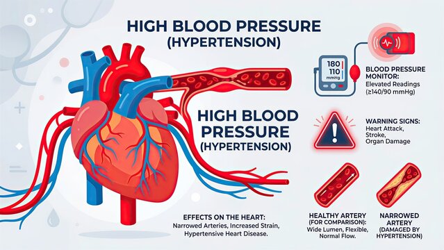Medical infographic showing high blood pressure and hypertension effects on human heart and artery. Educational diagram of cardiovascular system damage and risk of heart attack or stroke.