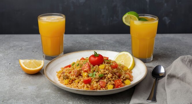 Delicious millet and tomato pilaf vegetarian meal with kokam juice refreshment