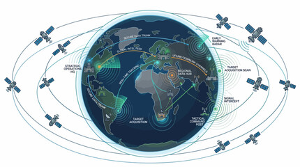 A futuristic illustration of a world map with satellites orbiting the globe, representing a global network and strategy concept