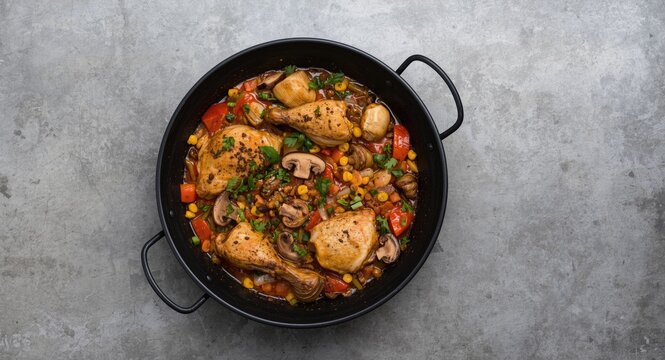 Black bowl paella with chicken mushrooms vegetables and spices captured from above on a concrete background copy space