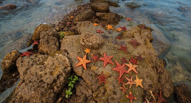 Colorful Pisaster ochraceus sea stars spread over rocky shore symbolizing ocean habitat health with copy space