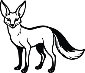 Obraz premium A stylized, monochrome illustration of a Fennec fox stands centered against a pure white background. The fox is depicted in a full-body pose, with a slender build and long, thin legs. Its most promine