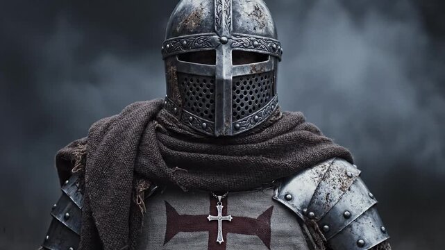 Stoic knight templar in full armor with iconic red cross tunic, representing medieval crusades, faith, and unwavering resolve against a dramatic dark background