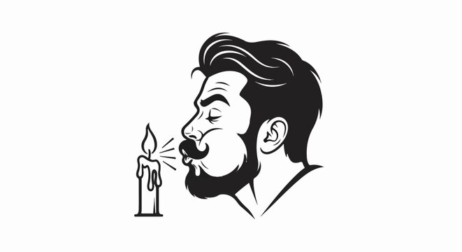Bearded man with mustache blowing out a lit candle