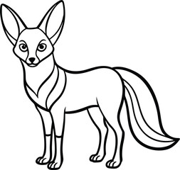 Obraz premium A stylized, monochrome illustration of a Fennec fox stands centered against a pure white background. The fox is depicted in a full-body pose, with a slender build and long, thin legs. Its most promine