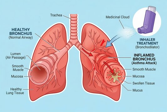 Medical illustration of human lungs comparing healthy bronchus and inflamed bronchus with inhaler treatment. Educational diagram explaining asthma attack, airway inflammation and medication.