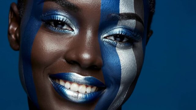 A model shows off unique face paint designs with bold blue and silver colors in a studio. The photoshoot captures different angles and expressions of joy.