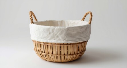 Fototapeta premium Bamboo crafted basket with pure white cotton fabric for environmentally conscious storage