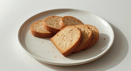 Fototapeta premium Slices of aged bread on a plain white plate for creating crumbs