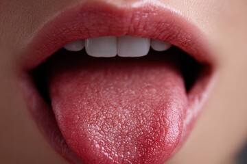 Obraz premium Close up of human mouth with tongue out showing texture and detail of lips teeth and tongue surface in natural skin tone and healthy oral condition.